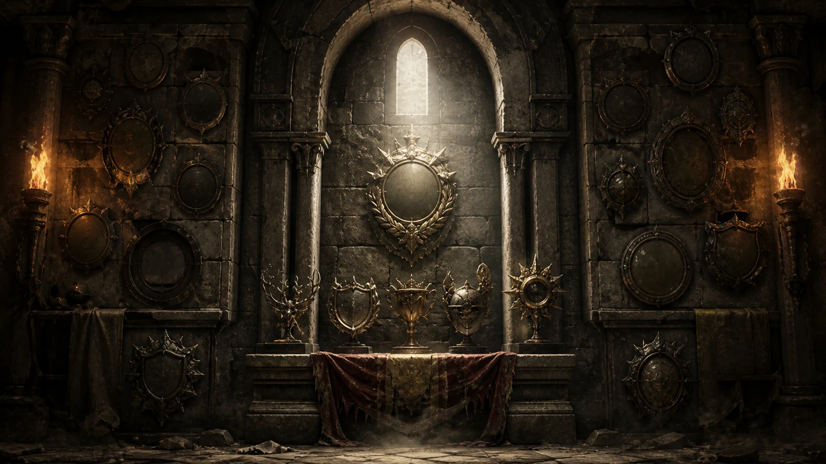 Illustrative stone reliquary displaying unmarked medals and trophy seals