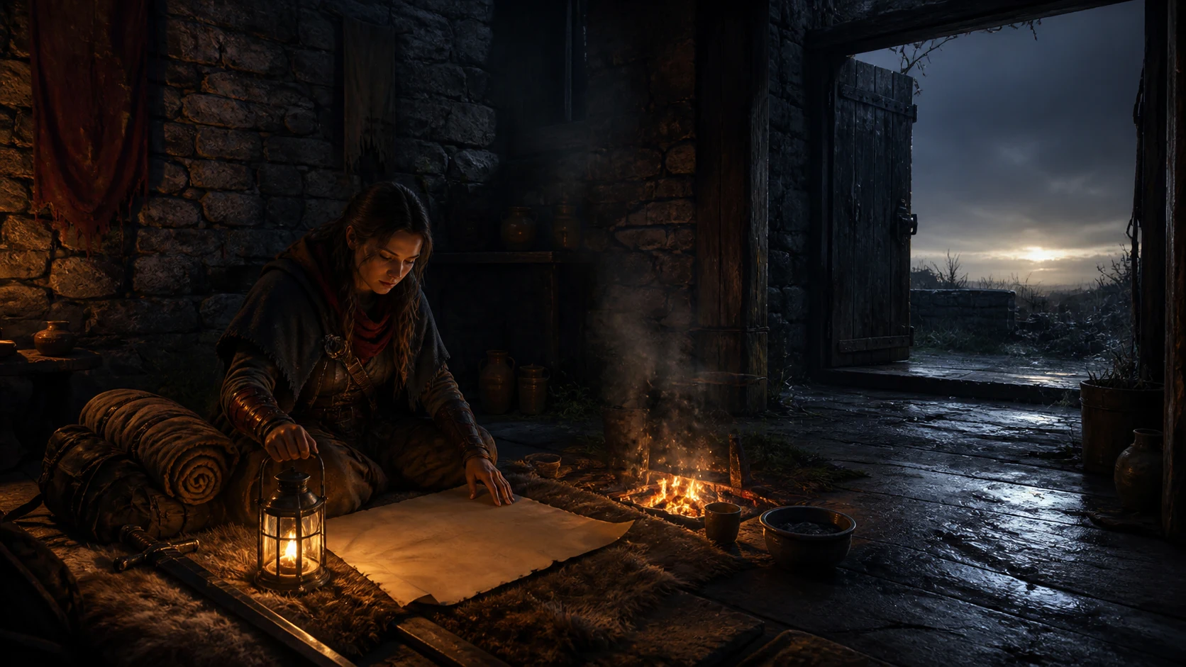 Illustrative traveler planning beside a fire with a lantern and map