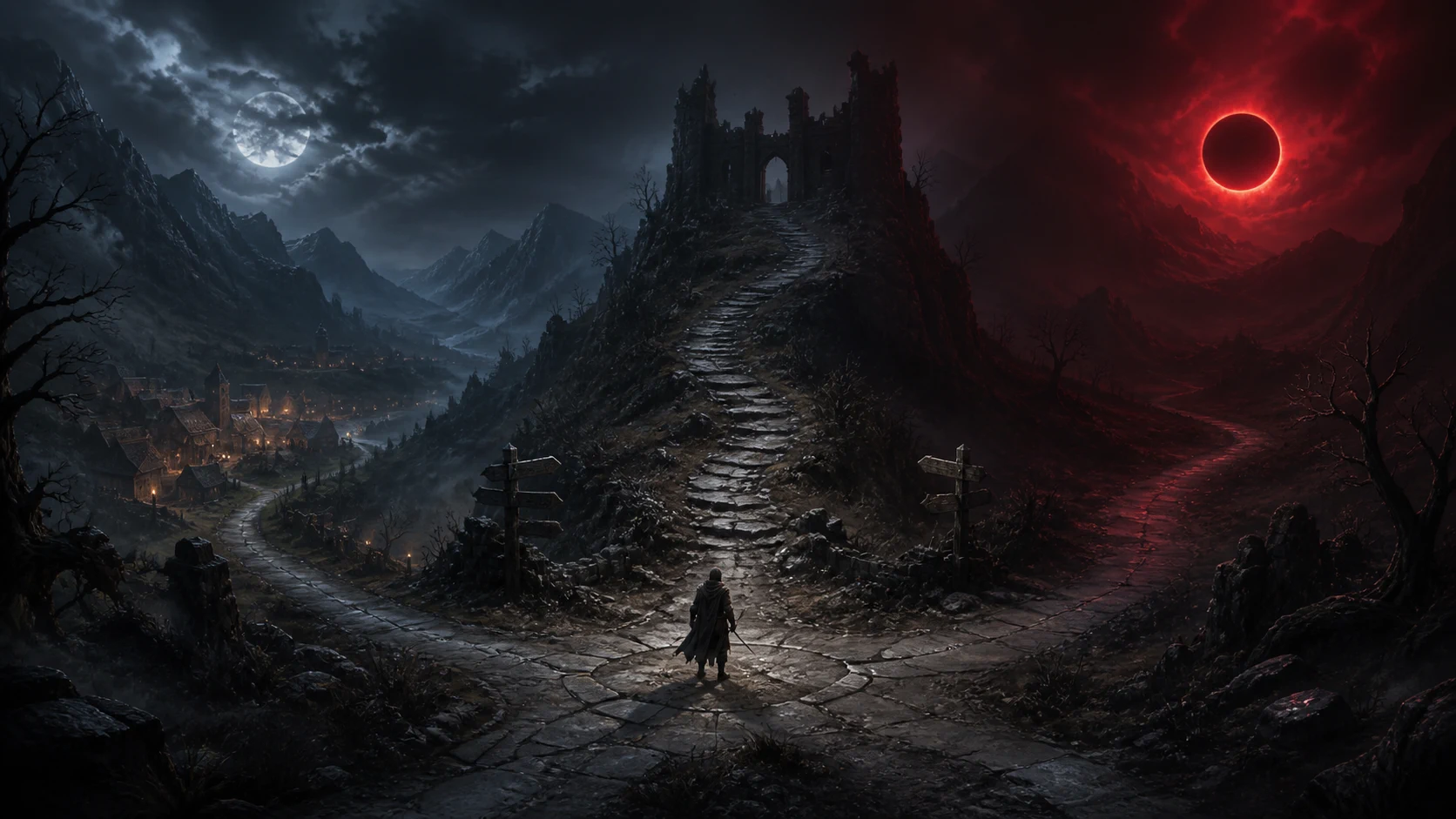 Illustrative crossroads beneath a pale moon and crimson eclipse