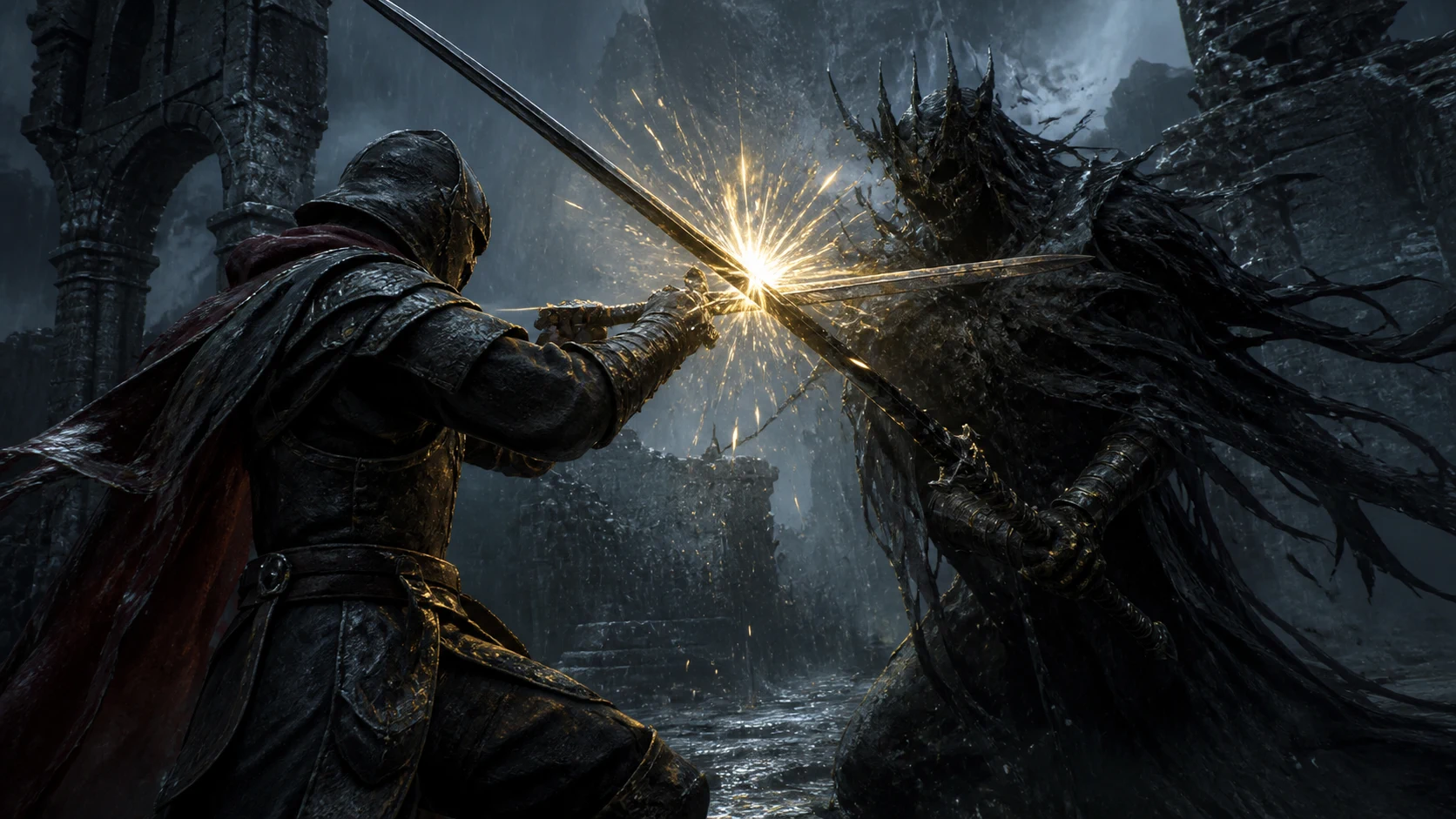 Illustrative sword parry in a rain-dark ruined courtyard
