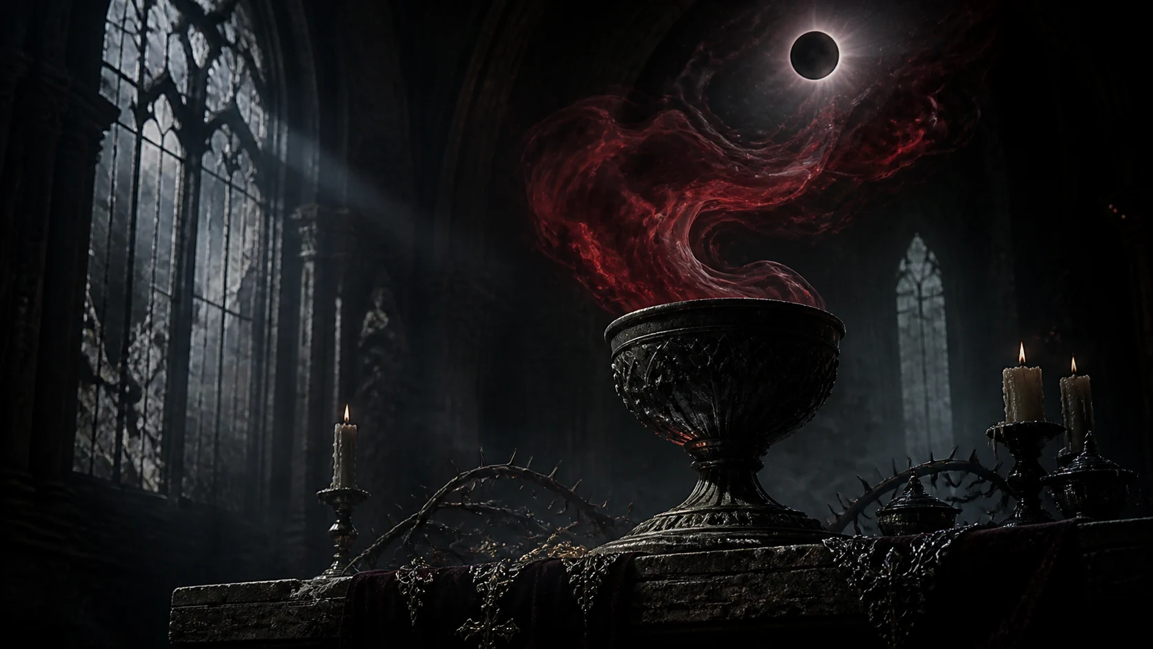 Illustrative black chalice releasing crimson smoke beneath an eclipse