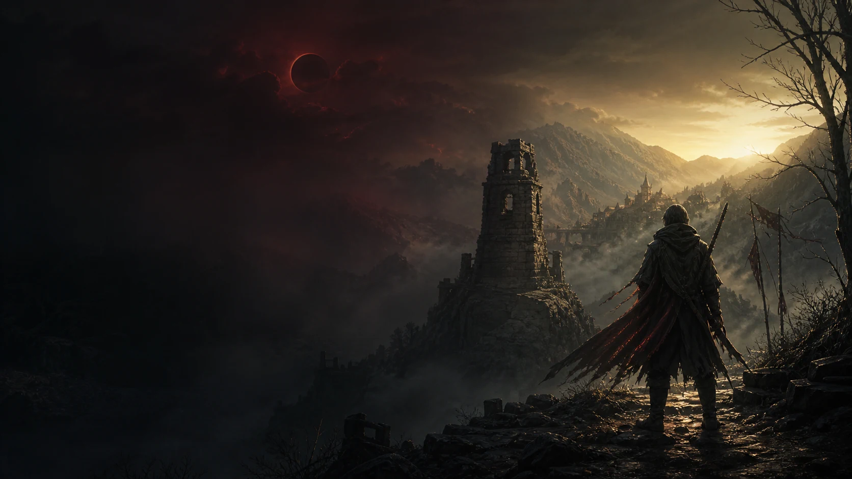 Illustrative artwork of a lone traveler overlooking a valley between eclipse and dawn