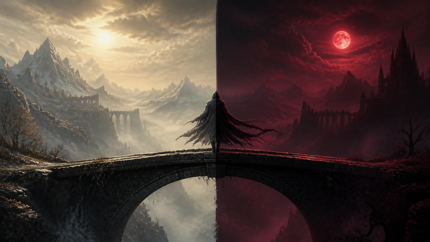 Illustrative traveler crossing a bridge between daylight and red moonlight