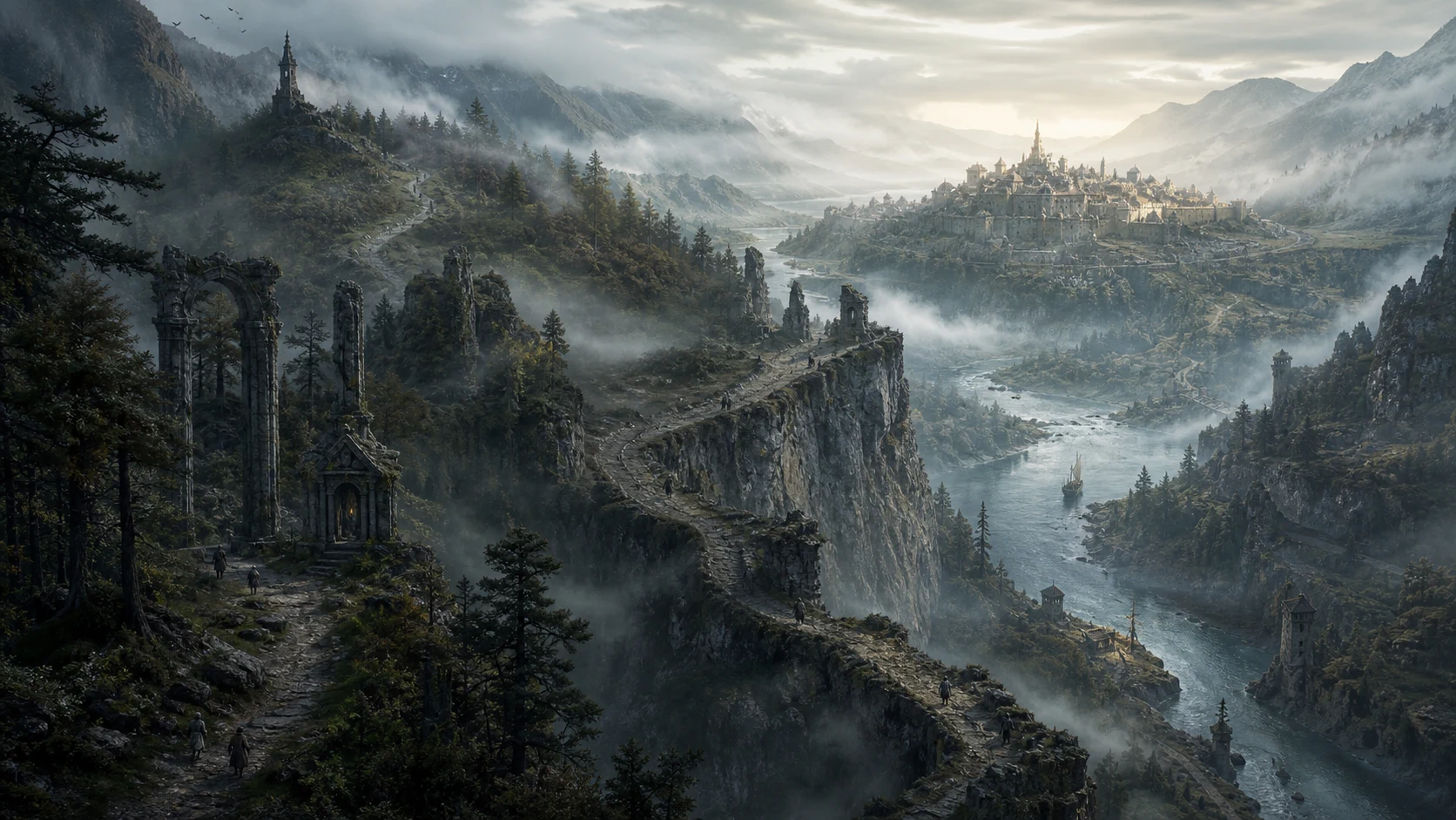 Illustrative mountain valley with forest, cliff and river routes