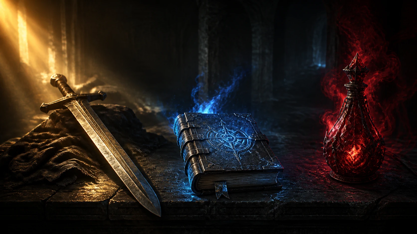 Illustrative sword, spellbook and crimson vessel representing three skill paths