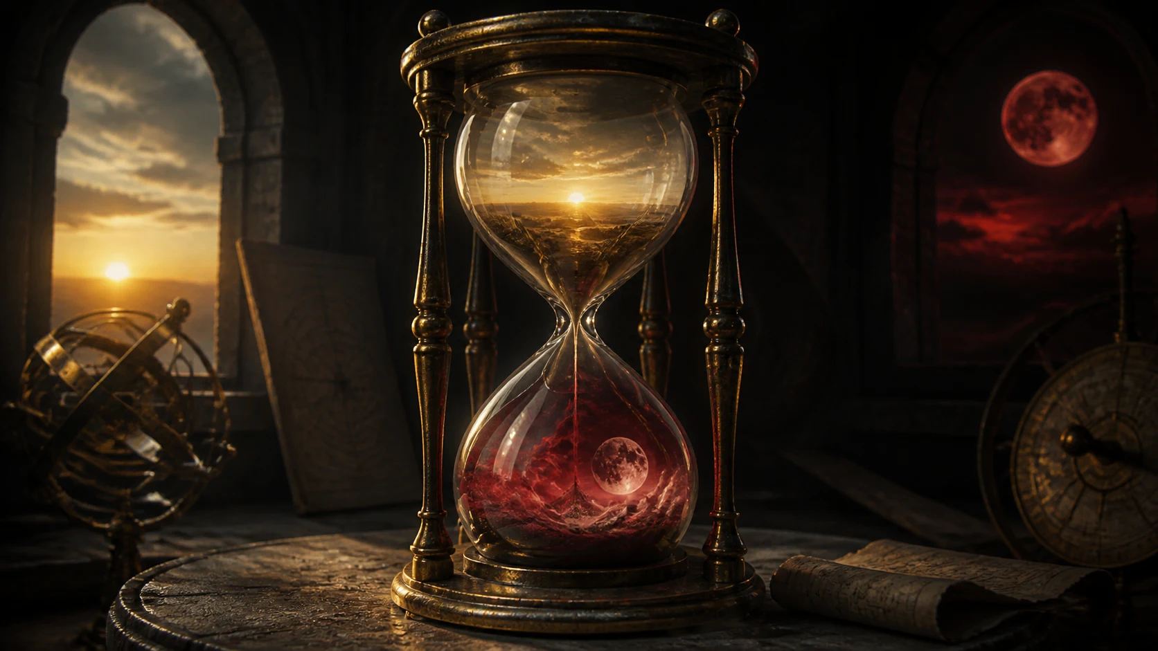 Illustrative brass hourglass holding dawn light above crimson moonlit mist